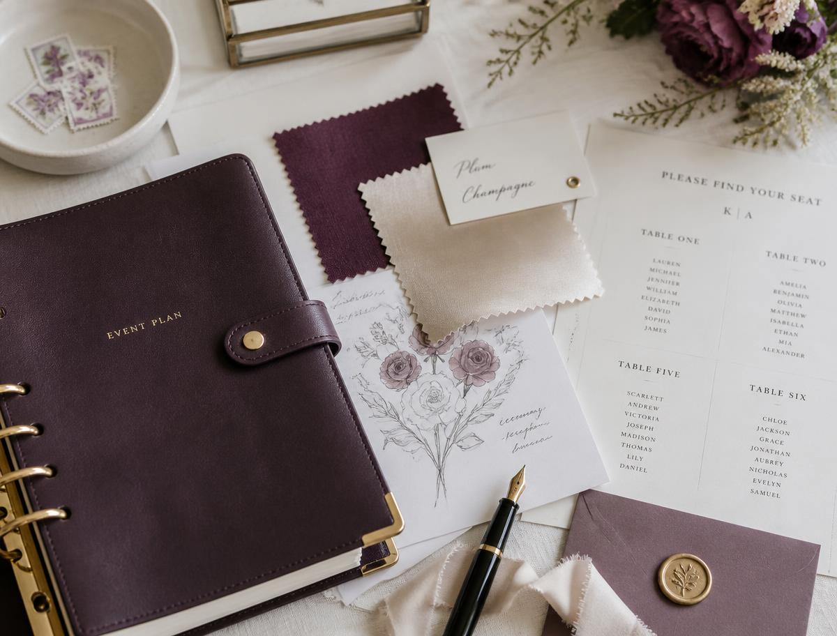 Event planning desk with swatches, seating chart and sketches
