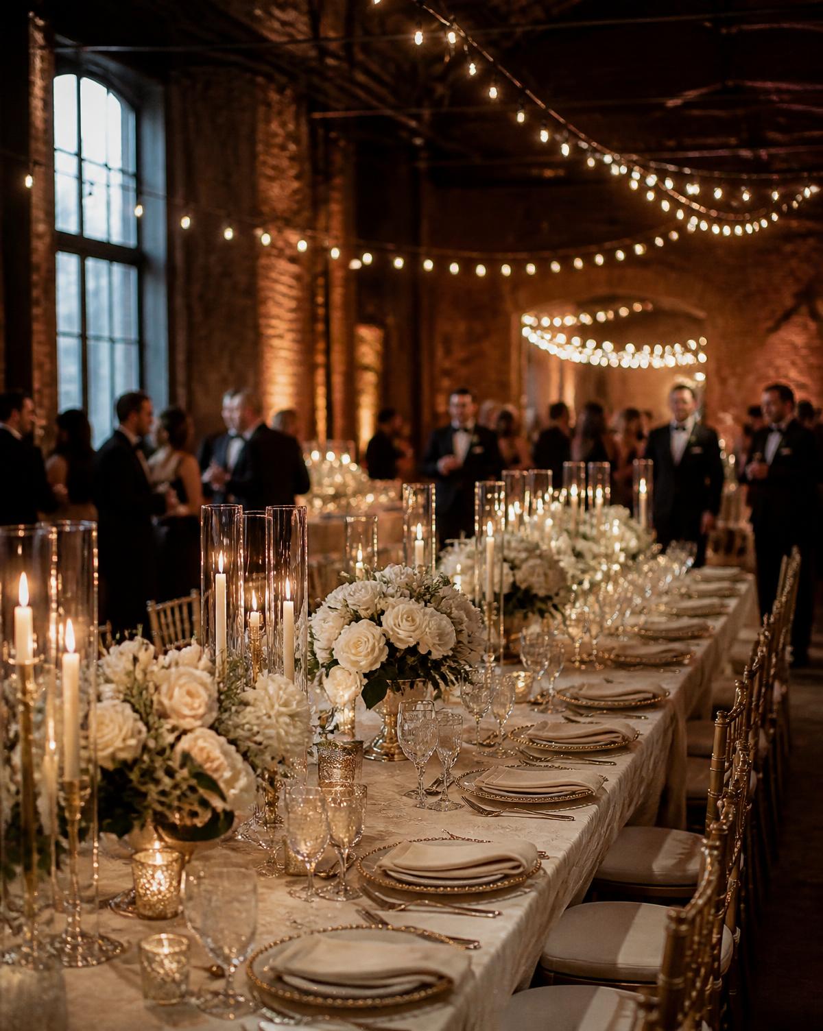 Long wedding reception table with candles and white florals in a loft venue